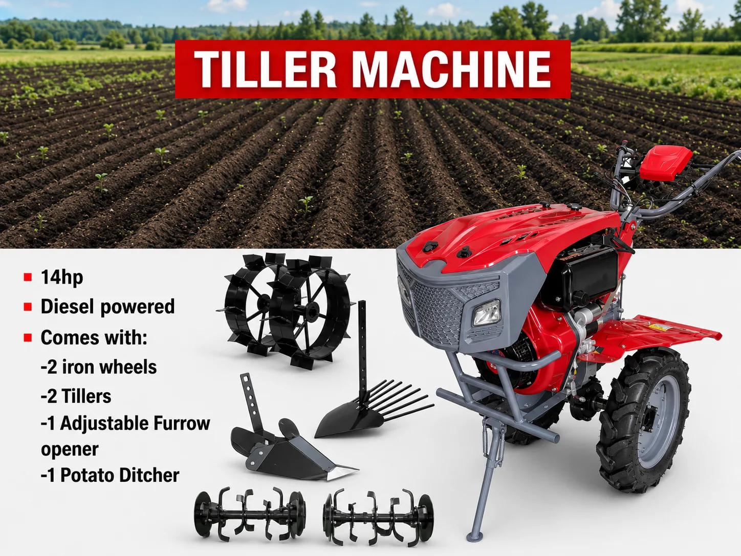 14HP Diesel Power Tiller With Iron Wheels, Tillers, Adjustable Furrow Opener and Potato Ditcher