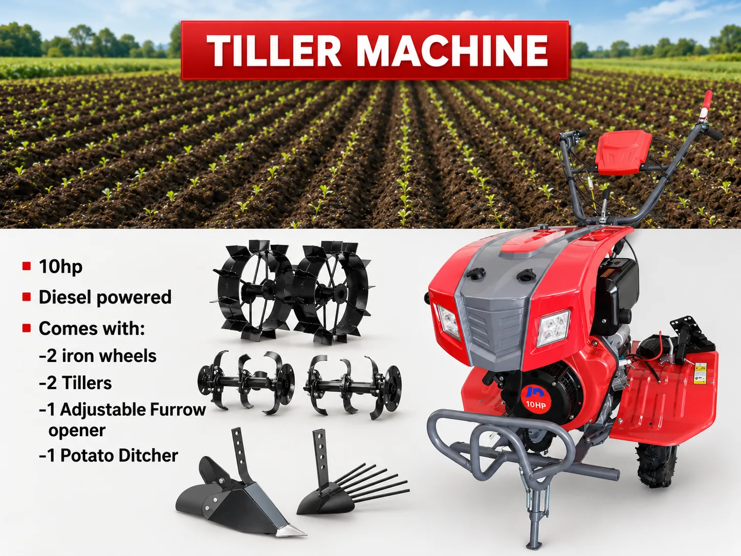 10HP Diesel Power Tiller With Iron Wheels, Tillers, Adjustable Furrow Opener and Potato Ditcher