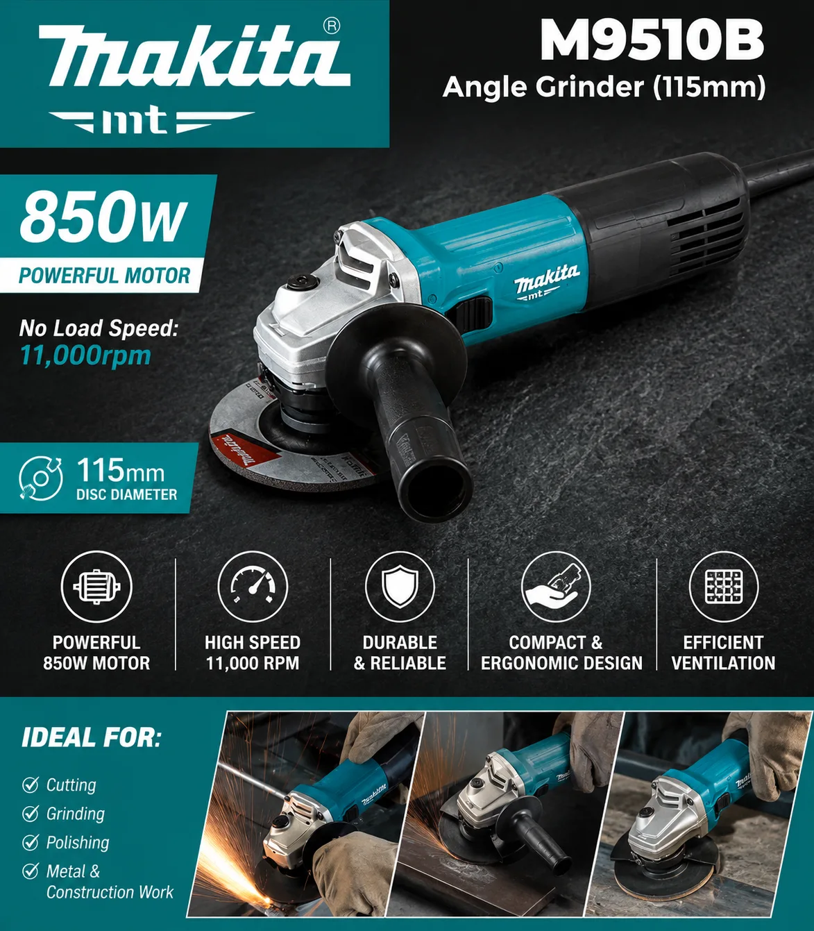Makita M9510B Angle Grinder – 115mm, 850W, 11,000 RPM